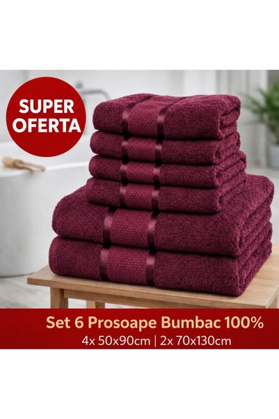 OEM Set 6 prosoape bumbac 100% bordo, 4 față/mâini + 2 corp