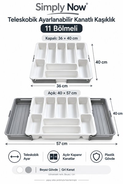 Simply Now 11-Compartment Drawer Cutlery Holder with Double Wings, Telescopic and Adjustable, 40 X 36–57 Cm, Gray Wings
