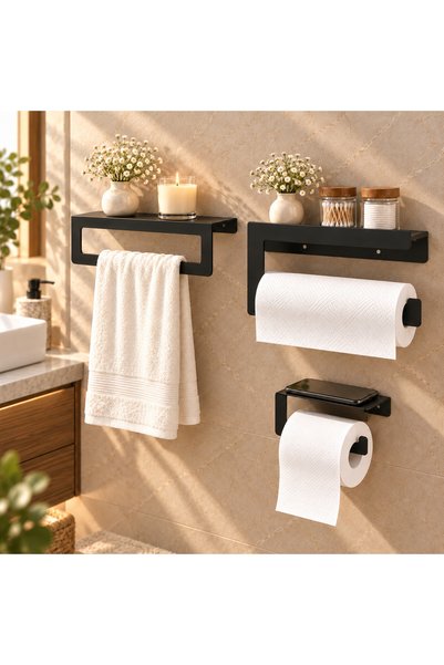 Dione Store Modern Metal 3'lü Set: Raflı Banyo Havlu Askılığı-rulo Havlu Askı...