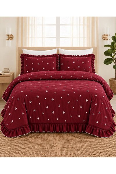 İK TEKSTİL Elora Burgundy Ruffled and Floral-Embroidered 100% Cotton 6-Piece ...