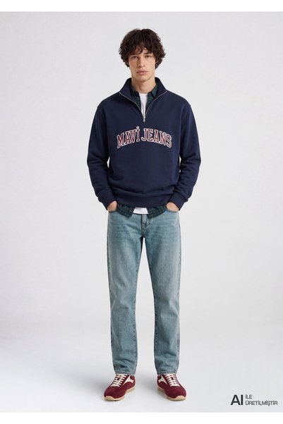 Mavi M0S20113 Jeans Logo Embroidered Half Zipper Men's Sweatshirt Dark Blue