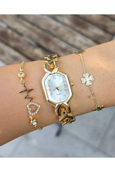 COLESİUM Beyaz Kadran Gold Metal Kordon Kadın Saat Kombini 3853