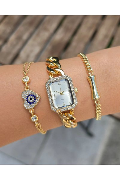 COLESİUM Gold Metal Kordon Kadın Saat Kombini 3775