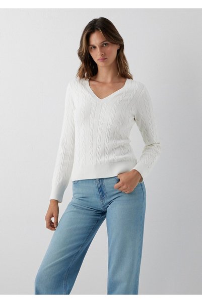 Mavi V Yaka Ekru Triko Slim Fit / Dar Kesim 1710911-70057