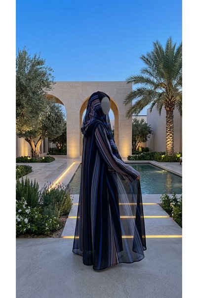 OZA Women’s Multicolor Striped Abaya – Navy, Blue & Mauve