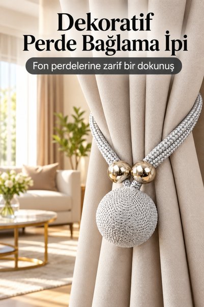 mucit home Gümüş Toplu Perde Süsü Fon Perde Bağlama İpi Dekoratif Toplu Perde...
