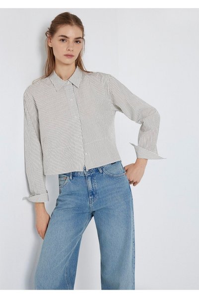 Mavi Çizgili Beyaz Gömlek Loose Fit / Bol Rahat Kesim 1211394-84014
