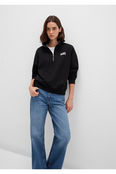 Mavi Logo Baskılı Yarı Fermuarlı Siyah Sweatshirt 1S10179-900