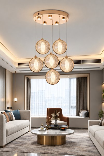 Apliqa Edward 6'Lı 70 Watt Yuvarlak Gold Ledli Modern Salon Avize