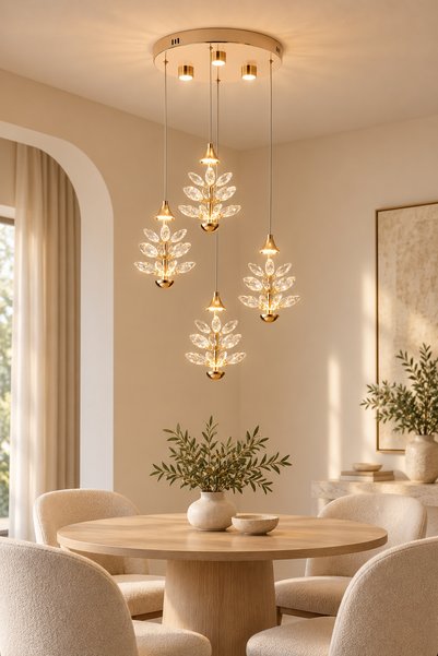 Apliqa Serap 4'Lü 39 Watt 3000K Yuvarlak Gold Kristal Taşlı Ledli Salon Avize