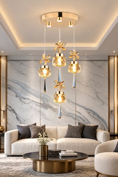 Apliqa Amaris 4'lü Yuvarlak 3 Renkli 52 Watt Gold Kelebek Led Avize Kristal L...