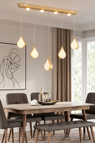 Apliqa Biana 5'li Sıralı Gold Damla Başlıklı Modern Salon Led Salon Avize