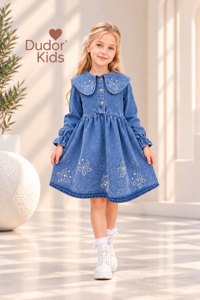 DUDOR KİDS GIRLS' BLUE DENIM DRESS WITH BUTTERFLY EMBROIDERY/JEANS DRESS—FOR ...