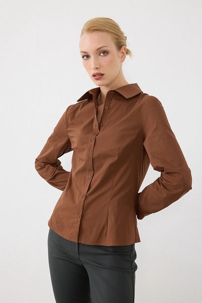 Gusto Manşeti Nakış Detaylı Slim Fit Koton Gömlek - Kahverengi