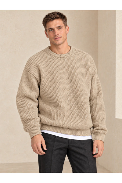 FAVORİST Men's Crew Neck Ribbed Knitwear Seasonal Sweater Kpln