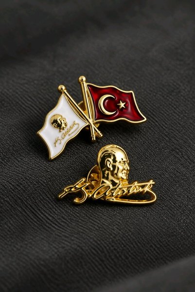 mosmoda 2 Adet Kabartmalı Atatürk ve Bayrak Rozet, Yaka Rozeti