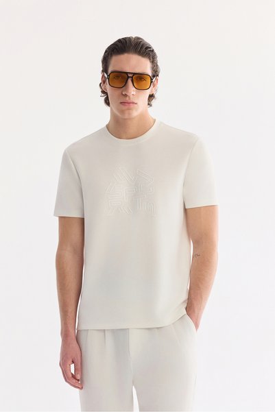 Avva Men's Ecru Crew Neck Elastane Bi-Stretch Interlock Regular Fit T-Shirt A...