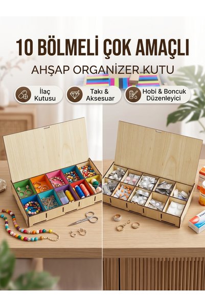 SEF-X Ahsap Tasarım 10 Bölmeli Ahşap İlaç Kutusu Ve Takı Organizeri - Boncuk Hobi Malzemesi Düzenleyici- Çok Amaçlı Kutu