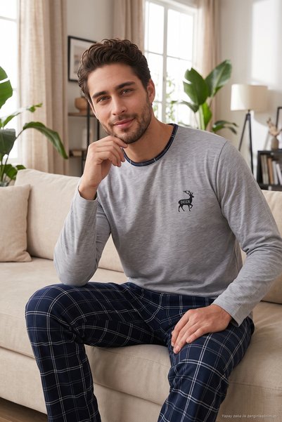 Buratti Cotton Regular Fit Crew Neck Plaid Pajama Set Men's Pajama Set 6574001