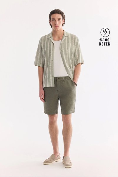 Avva Erkek Haki Beli Lastikli %100 Keten Relaxed Fit Şort B003732