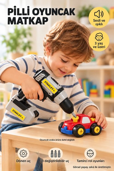 TOYFEST Pilli Oyuncak Matkap Stanley Jr. Sesli Işıklı Döner Başlıklı 3 Uçlu Mini Tamirci Rol Oyun Seti 3 Yaş