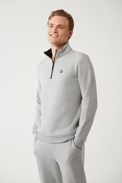 Avva Erkek Gri Dik Yaka Fermuarlı 3 İplik Şardonlu Regular Fit Sweatshirt E00...
