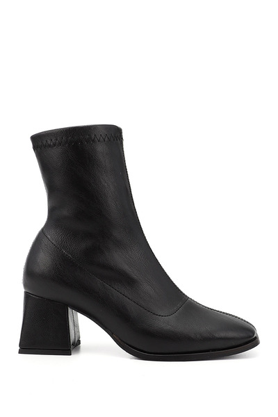 GÖNDERİ(R) Women's Black Zippered Blunt Toe Thick Heeled Stretch Boots