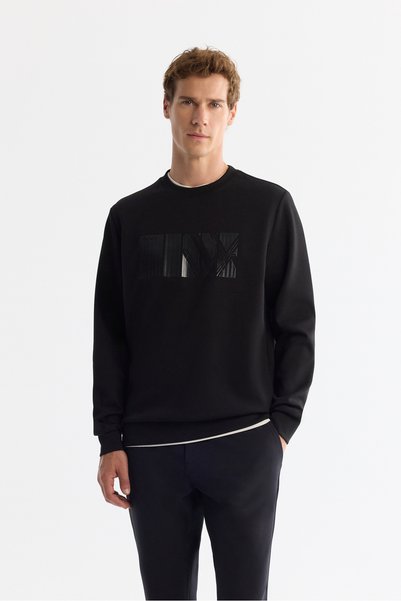 Avva Men's Black Crew Neck Cotton Printed Elastane Regular Fit Sweatshirt A42...
