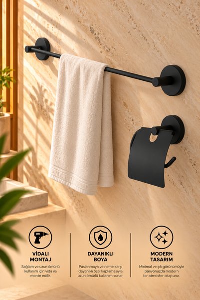 ERFAHOME Black Long Towel Holder / Wide Cover Toilet Roll Holder Set of 2