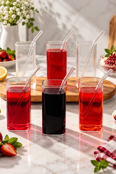 YzHome 6 Lı Pinterest Cam Kokteyl Bardak Kupa 380ml Pipet Hediyeli