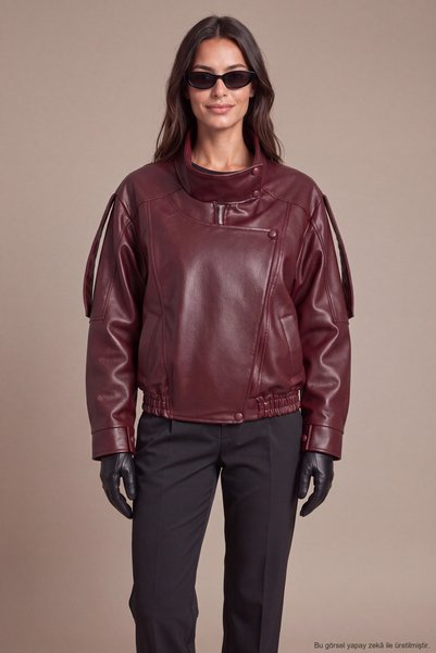 Freemen Jachetă de damă din piele artificială, oversize, bordeaux, cu fermoar...