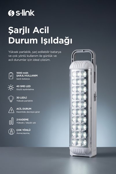 S-LINK Sl-3652 Beyaz 40 Smd Ledli 4v 1000mah Şarjlı Acil Durum Işıldağı