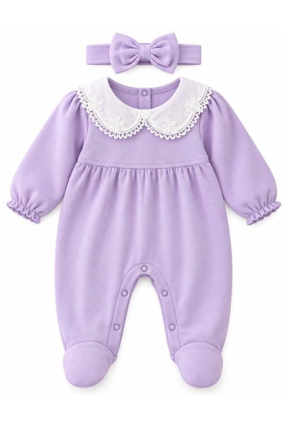 alnaymino Baby Girl 40/1 Interlock Cotton Set – Lace Collar, Long Sleeves, Bo...