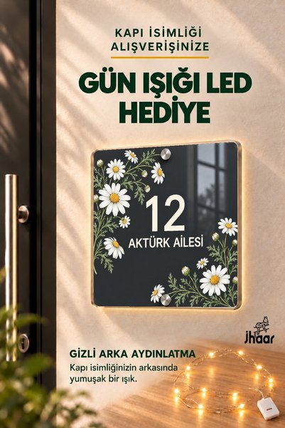 Genel Markalar LED Işıklı Kişiye Özel Antrasit Papatya Desenli Pleksi Kapı İs...