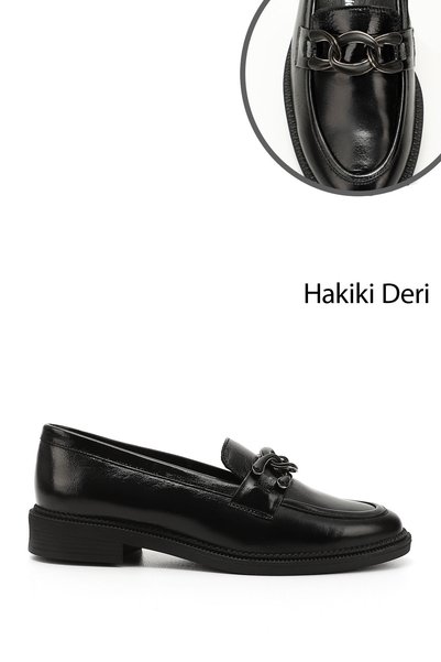 GÖNDERİ(R) Kadın Siyah Rugan Tokalı Hakiki Deri Loafer Ayakkabı