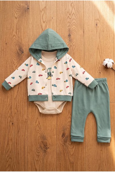 ZEYNUKO Baby Boy 3-Piece Hooded Outfit with Car Pattern