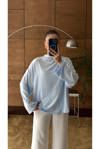 YOUR NAME Dik Yaka Oversize Dökümlü Uzun Kol Mavi Bluz