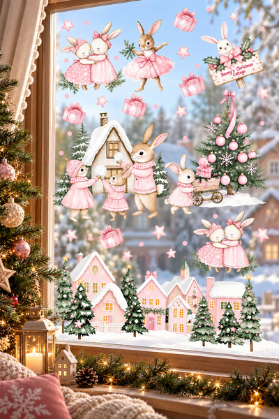 MSticker Pink New Year Rabbit Village Glass Sticker Set – Double-Sided Printi...