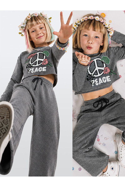 Denokids Kız Çocuk Eşofman Takım Crop Sweatshirt - İspanyol Paça Eşofman Altı...