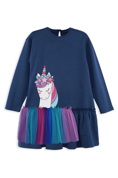 Denokids Kız Çocuk Kışlık Unicorn Desenli Tüllü Lacivert Uzun Kollu Fırfırlı Elbise 2-8 Yaş