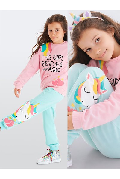 Denokids Kız Çocuk Kışlık Unicorn Desenli Pamuklu Pembe Uzun Kollu 2 Parça Eş...