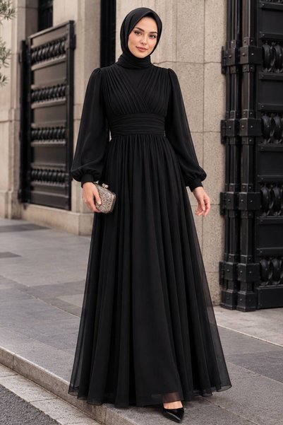 Neva Style Draped Black Hijab Evening Dress 46321S