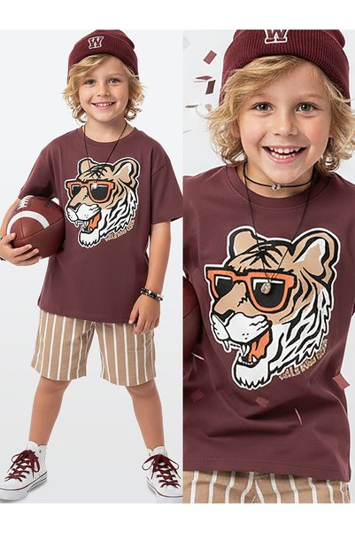 Denokids Boy's Set Tiger Printed 100% Cotton T-Shirt Striped Woven Shorts Sum...