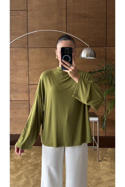 YOUR NAME Dik Yaka Oversize Dökümlü Uzun Kol Yeşil Bluz