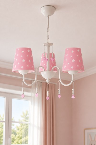 ŞENAY AYDINLATMA Bebek ve Çocuk Odası 3'lü Kumaş Başlıklı Avize Pembe Beyaz Y...