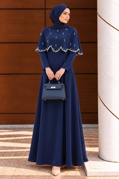 N.S NEVA STYLE Cape Detailed Navy Blue Hijab Evening Dress 55781L