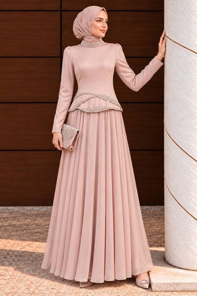 N.S NEVA STYLE Beaded Detailed Powder Hijab Evening Dress 55991Pd