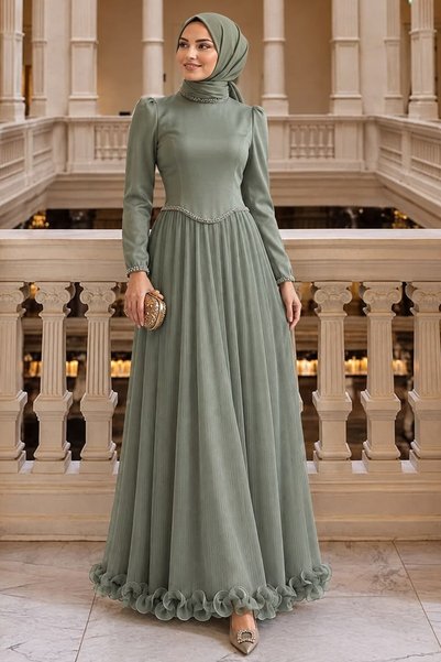 N.S NEVA STYLE Beaded Detailed Mint Hijab Evening Dress 54981Mint