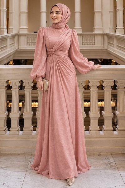 N.S NEVA STYLE Drape Detailed Powder Hijab Evening Dress 52285Pd