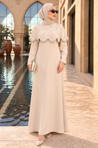 N.S NEVA STYLE Beige Hijab Evening Dress with Cape Detail 55781Bej